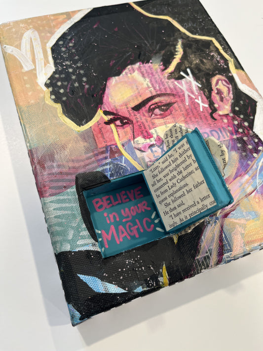 Colorful art piece with text and abstract design on a white background